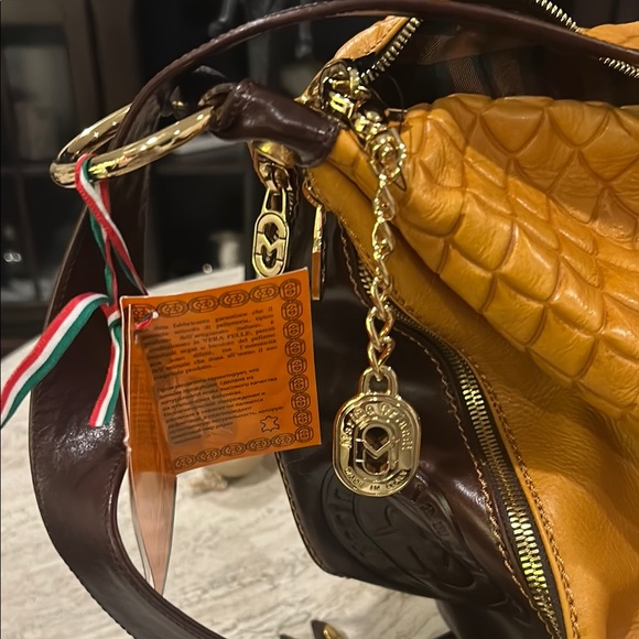 NWT Marino Orlandi Yellow slingback/ backpack shoulder bag w. leather design - Picture 11 of 14